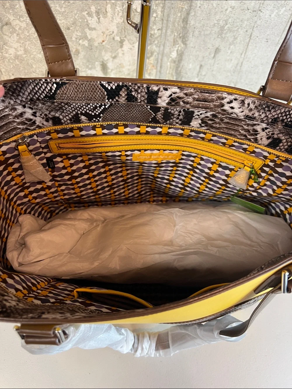 Vera Bradley Ella Tote Faux Yellow Maize Snakeskin Print New with flaw